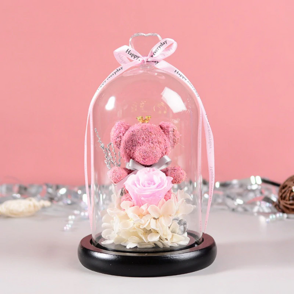 Rose Bear In Glass Dome