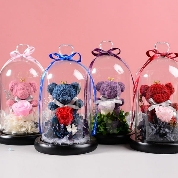 BLUE Rose Bear In Glass Dome