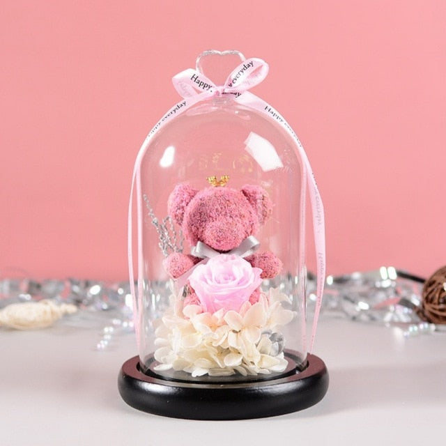 PINK Rose Bear In Glass Dome