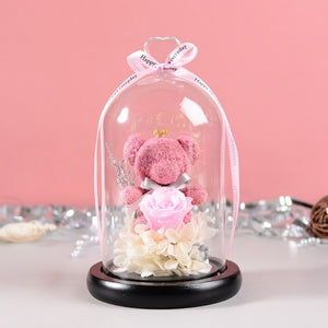 PINK Rose Bear In Glass Dome