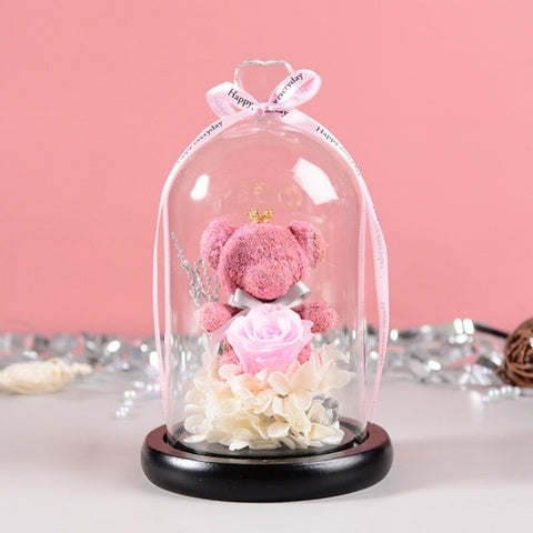 PINK Rose Bear In Glass Dome