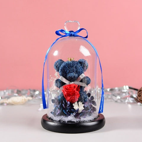 BLUE Rose Bear In Glass Dome