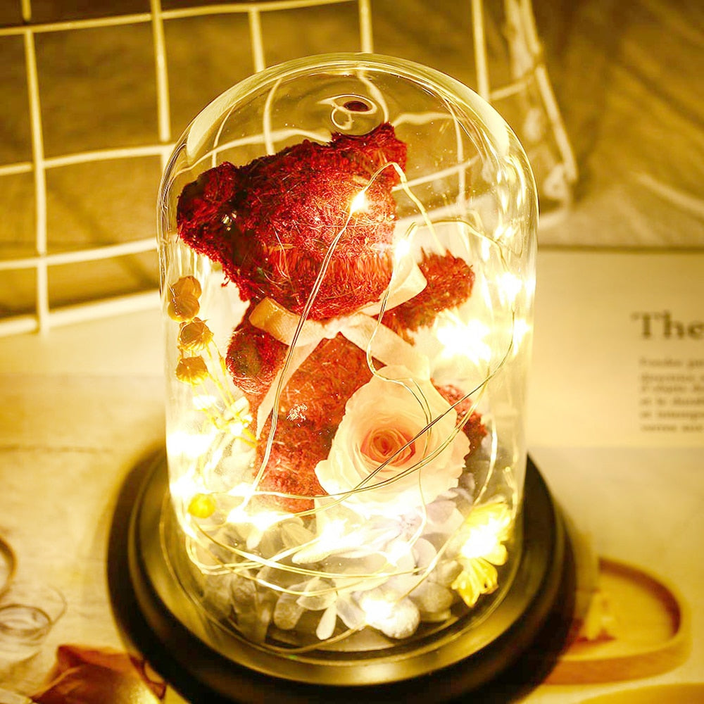 Rose Bear In LED Glass Dome