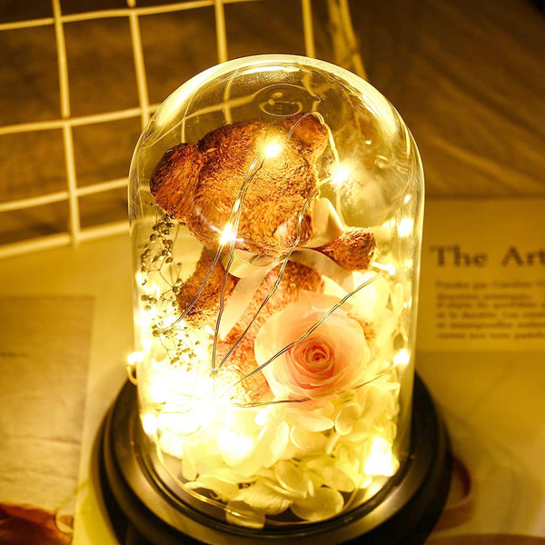 PINK Rose Bear In LED Glass Dome