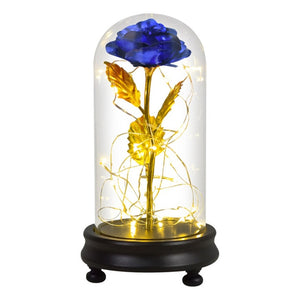 BLUE GOLDEN Rose In LED Glass Dome